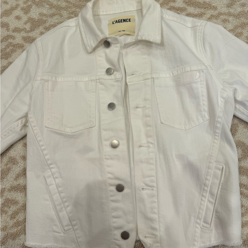 L’agence Janelle Denim White Slim Fit Raw Hem Jacket Size S